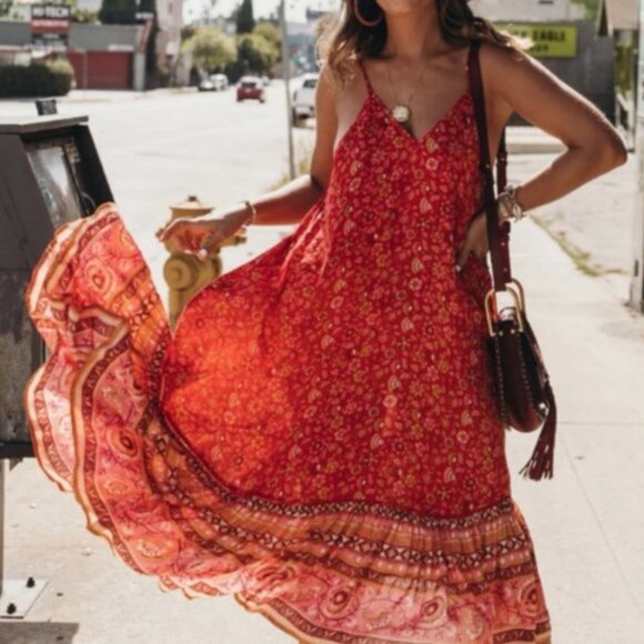Spell Cherry Red Dahlia Strappy Floral Dress S - Picture 1 of 7